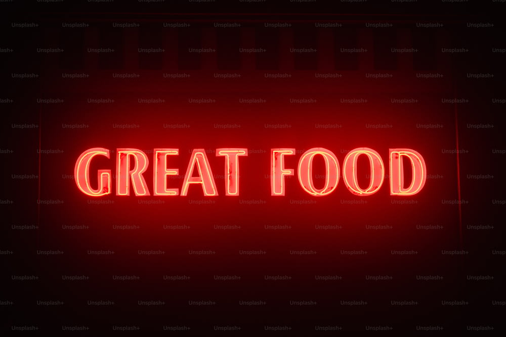 a red neon sign that says great food