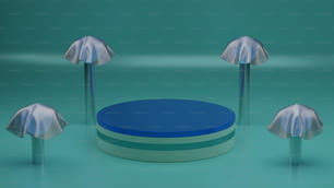 a set of three metal objects on a blue background