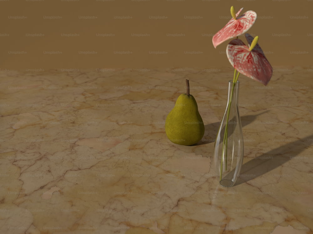 due vasi con fiori e una pera su un tavolo