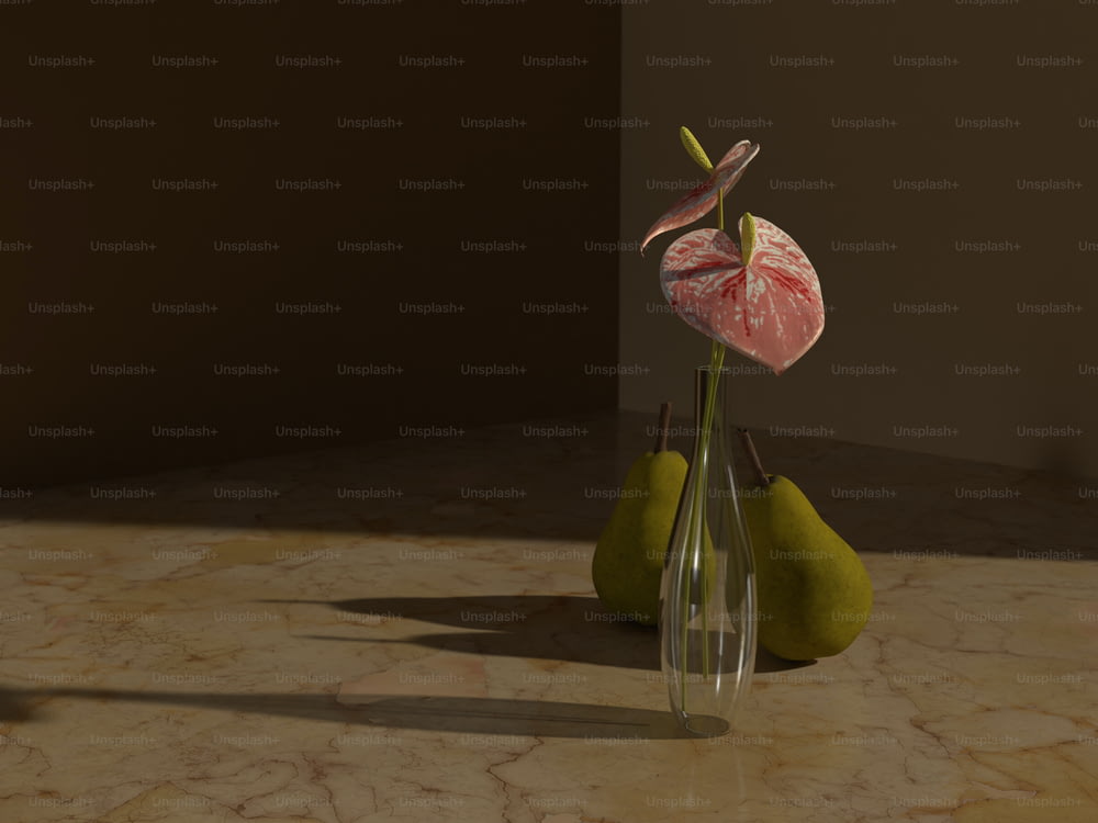 a vase with a flower and two pears on a table