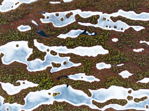 an aerial view of a patch of land covered in snow
