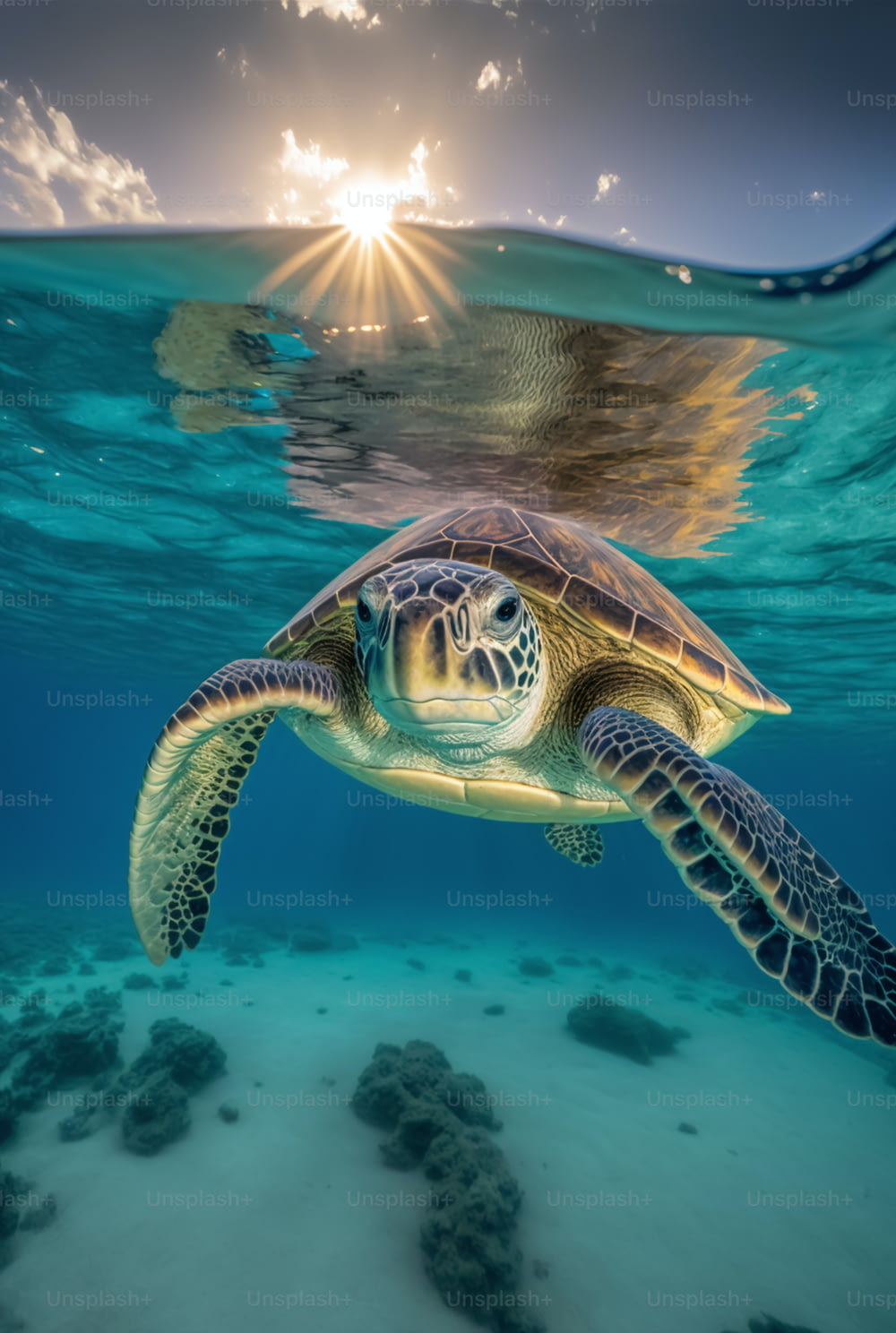 Una tortuga verde nadando en el océano al atardecer
