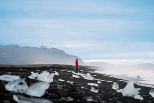 uma pessoa em uma jaqueta vermelha em pé em uma praia preta