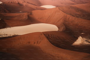 une vue aérienne d’un désert avec un lac au milieu