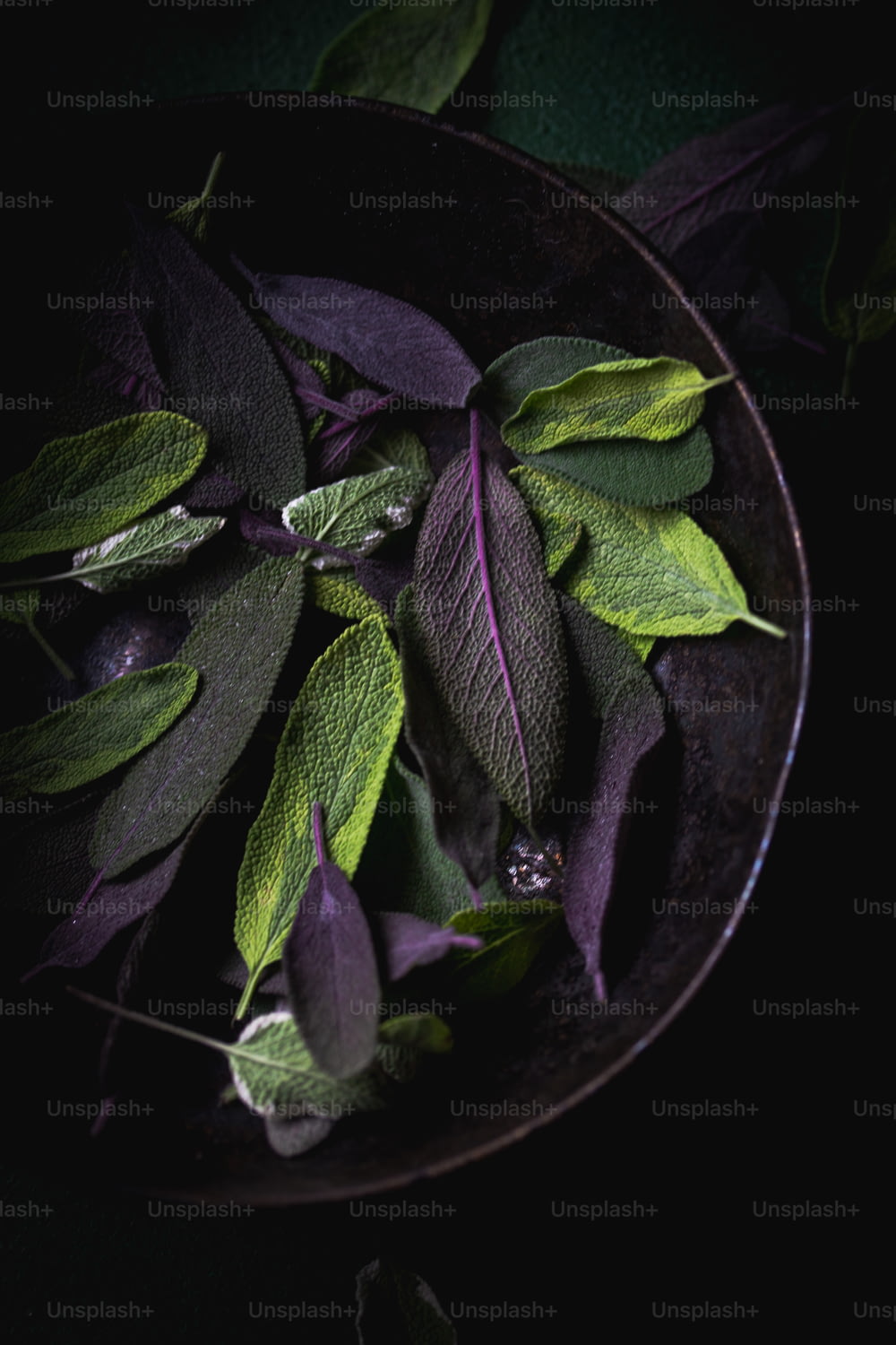테이블 위에 녹색 잎으로 채워진 검은 그릇