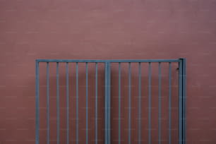 a red wall with a metal gate and a cat sitting on the ground