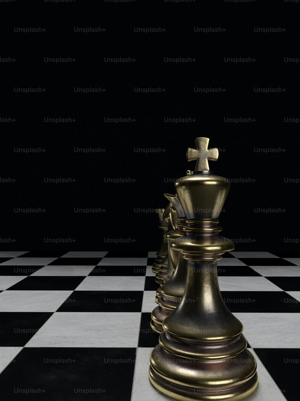 a golden chess piece on a black and white checkered floor