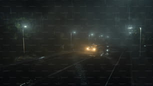밤에 비에 젖은 도로를 운전하는 자동차