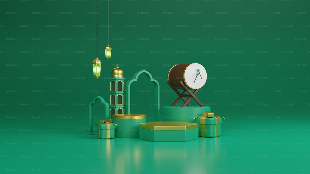 a green room with a clock and a tower