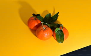 黄色の背景に3つのオレンジと葉