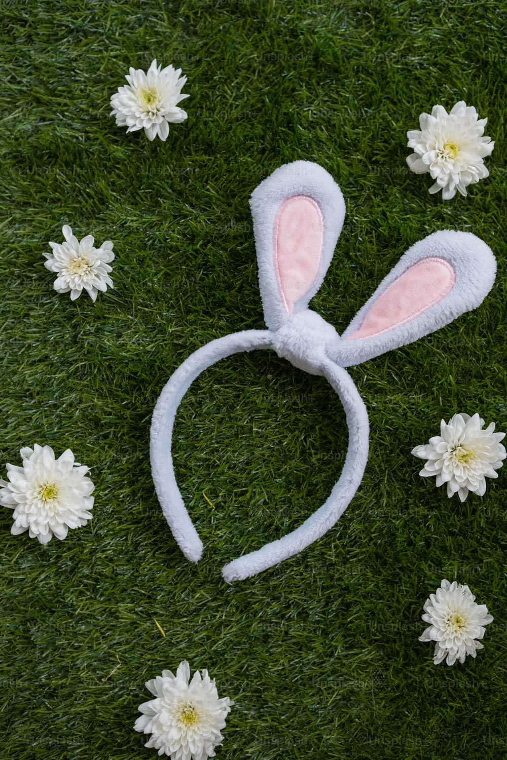 a bunny ears headband laying on top of a field of grass