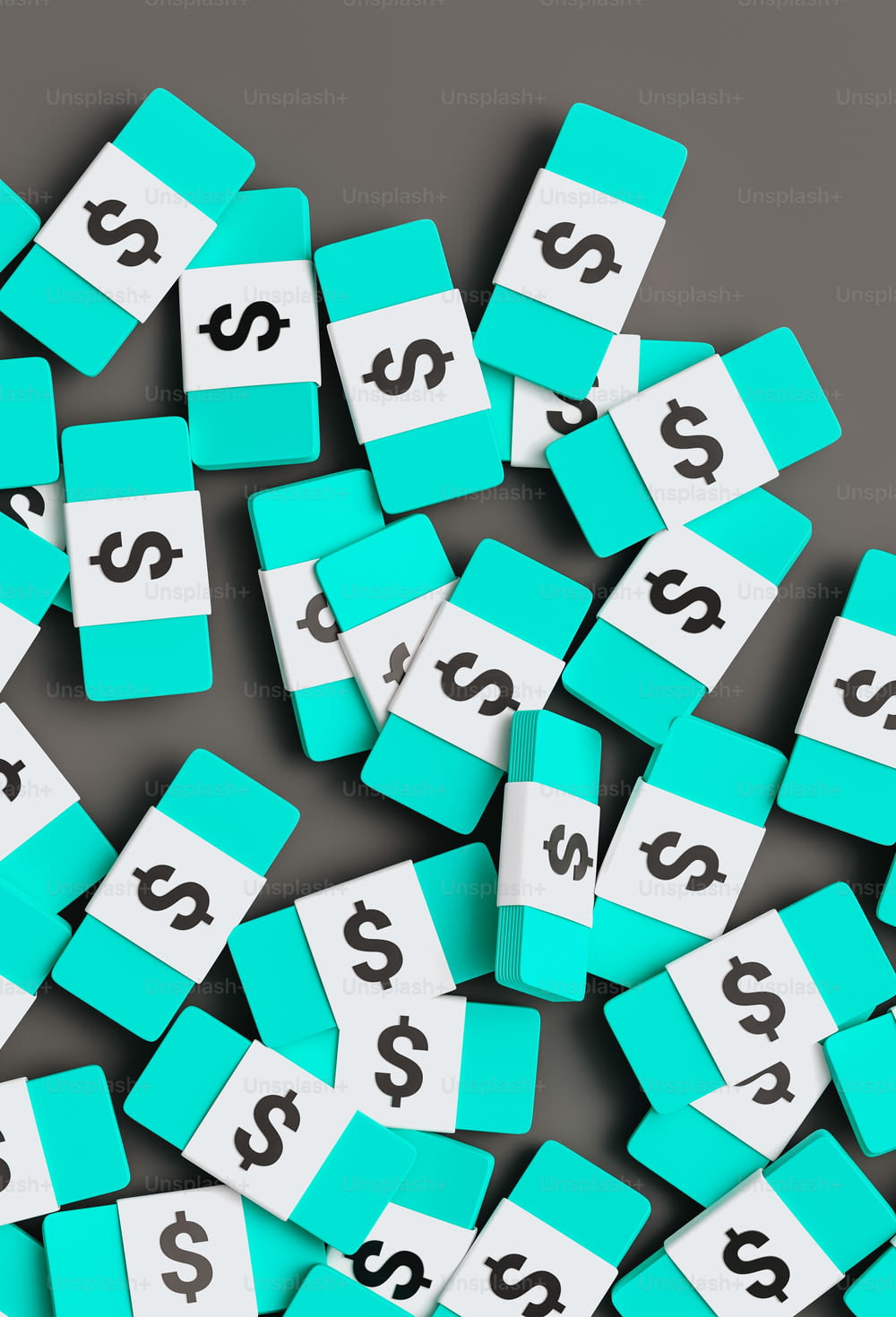 a pile of blue and white blocks with dollar signs on them