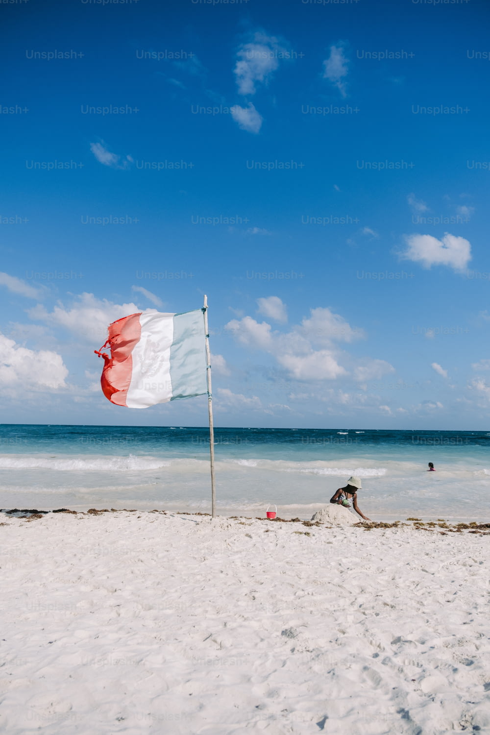 a flag on a beach with the ocean in the background