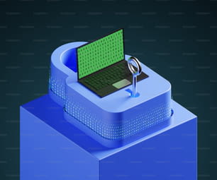a laptop computer sitting on top of a blue box