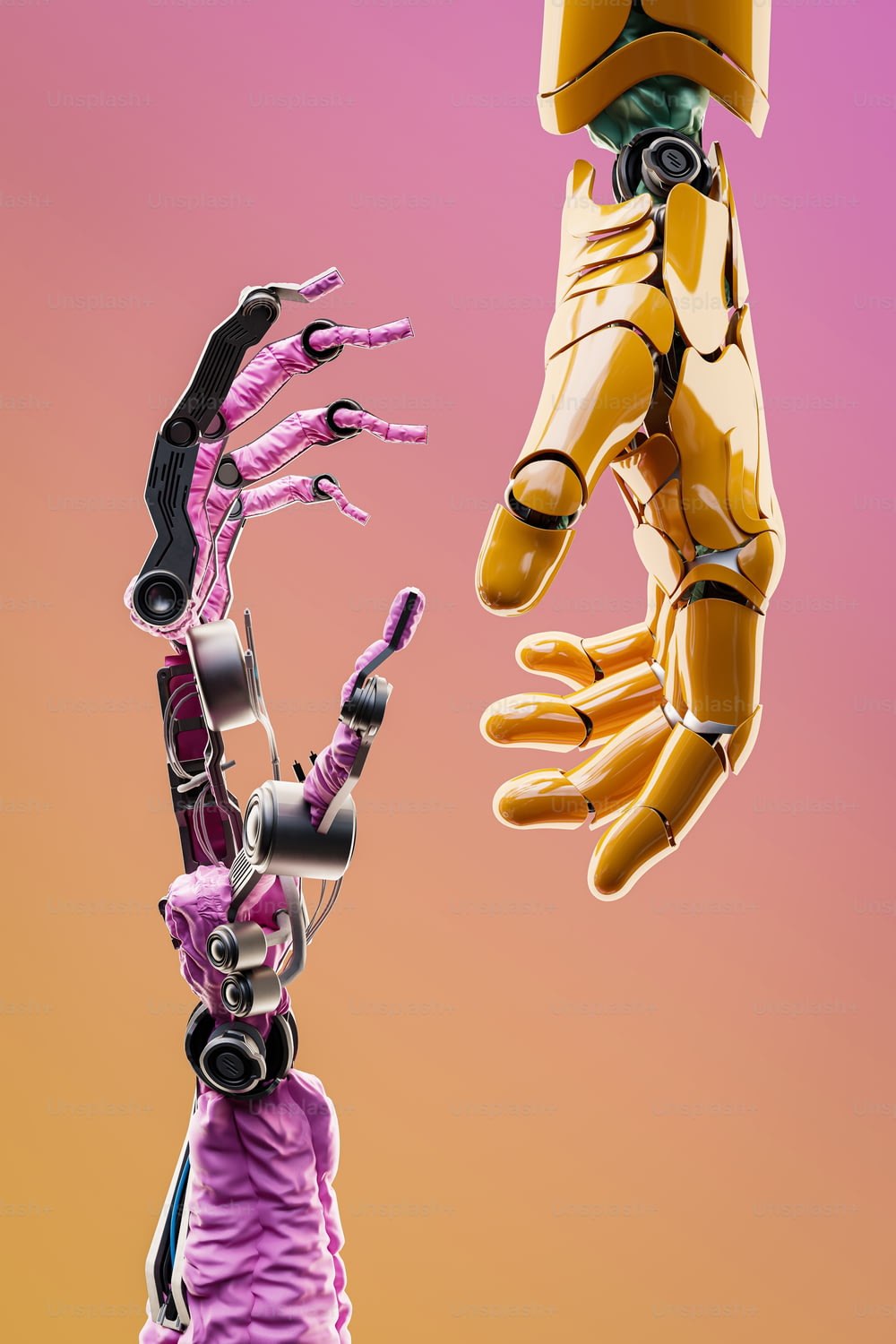 un robot tenant une main humaine en l’air