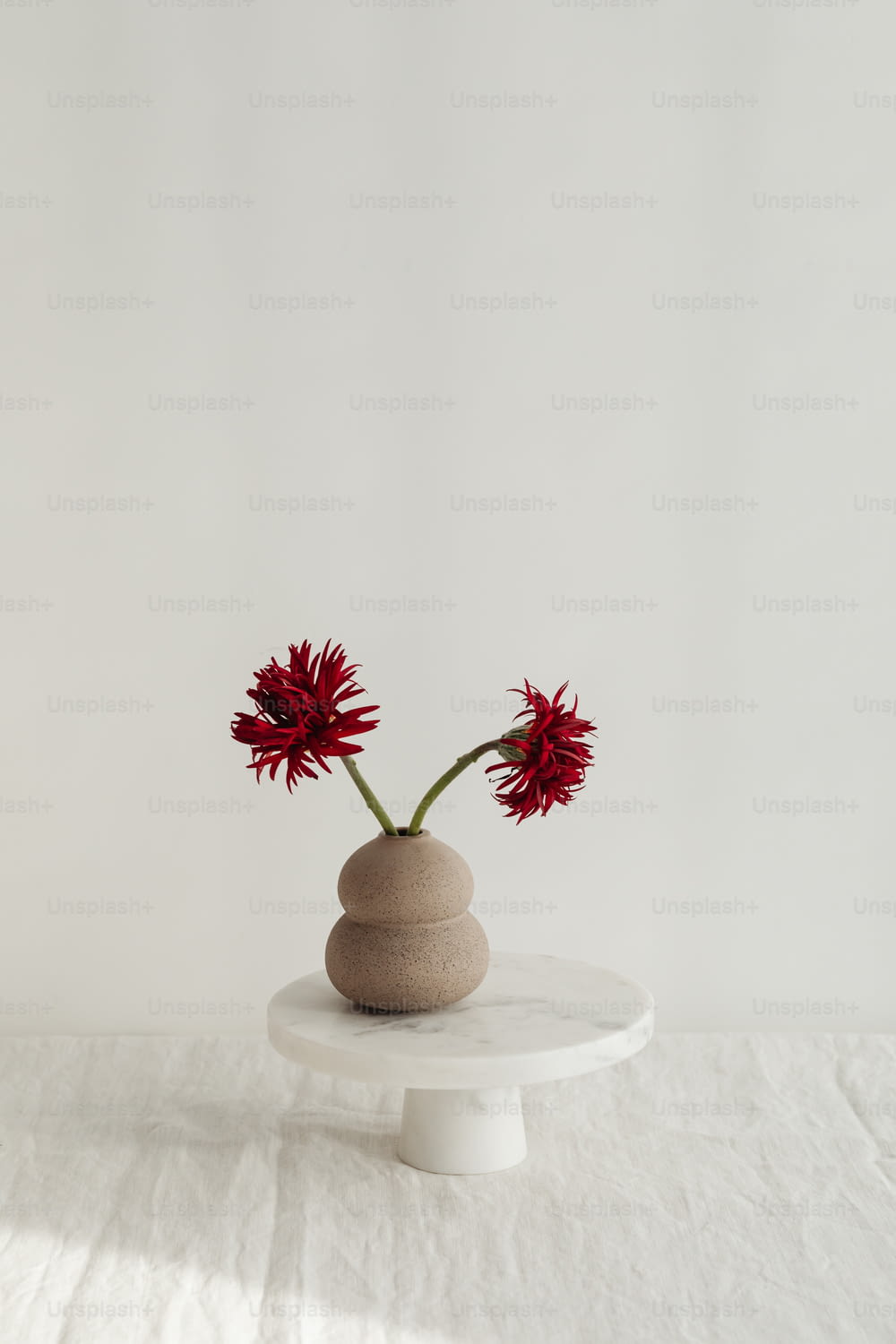 a white table topped with a vase filled with red flowers