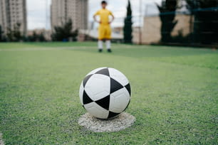 a soccer ball sitting on top of a field