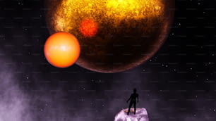 Ein Mann steht auf einem Eisberg neben einem riesigen orangefarbenen Ball