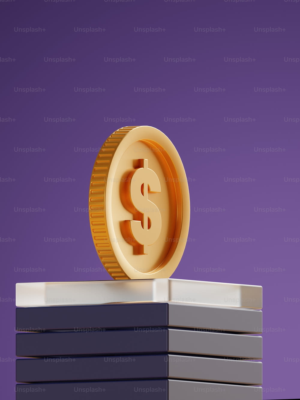a golden dollar sign sitting on top of stacks of stacks