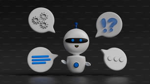 Un robot blanco está rodeado de burbujas de diálogo