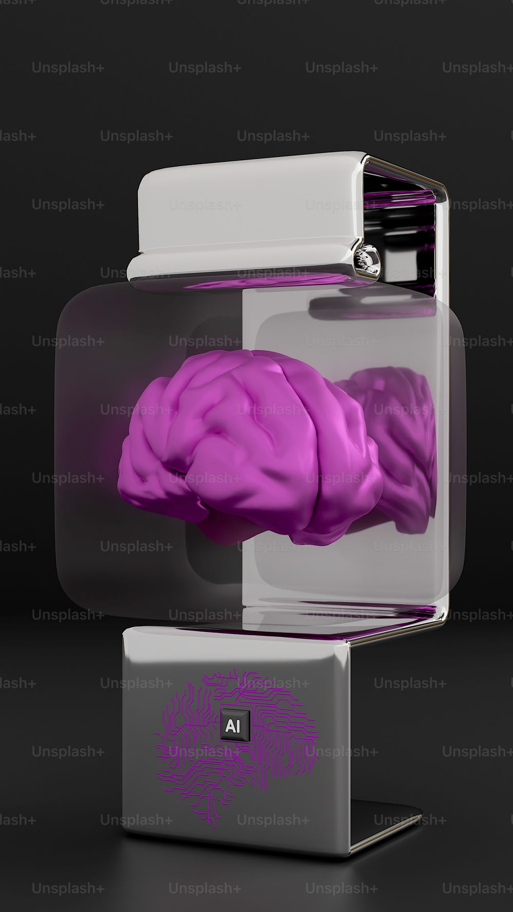 유리 케이스에 담긴 인간 뇌의 보라색 모형