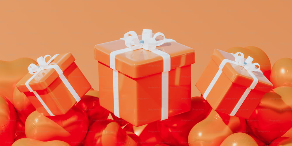 a group of orange and white wrapped presents