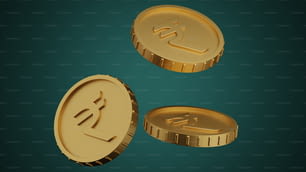 three gold bitcoins are shown on a green background