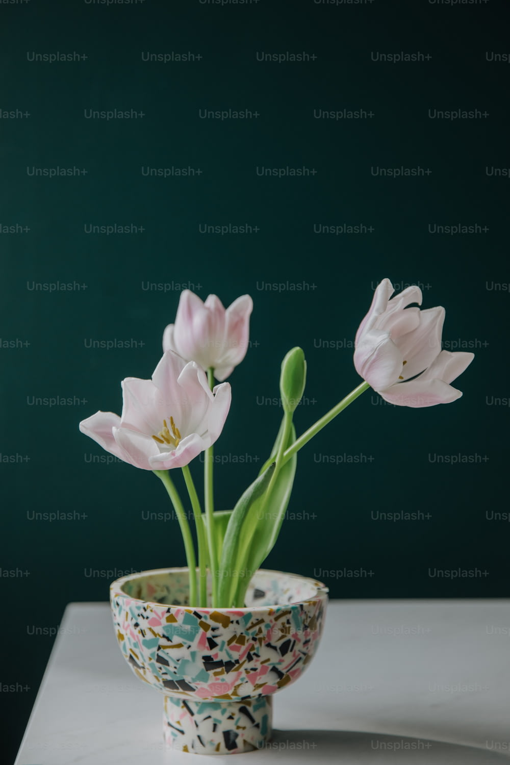three pink flowers in a vase on a table