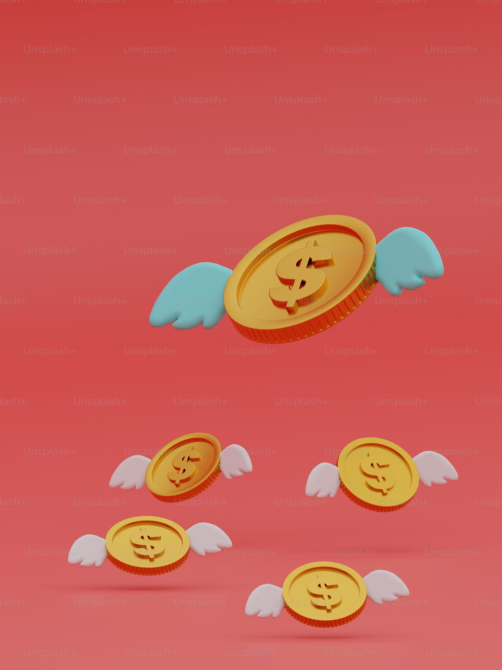 a bunch of coins with angel wings around them