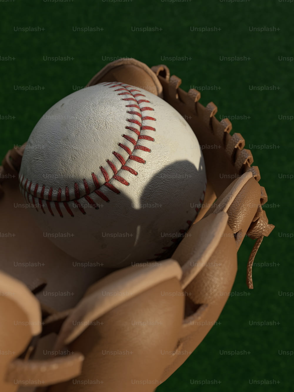 Une balle de baseball dans un gant sur un terrain vert