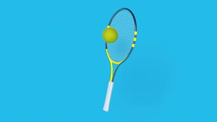 파란색 배경에 테니스 라켓과 공