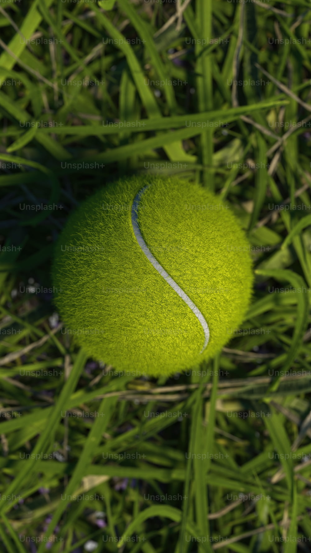 ein Tennisball, der auf einem üppigen grünen Feld liegt