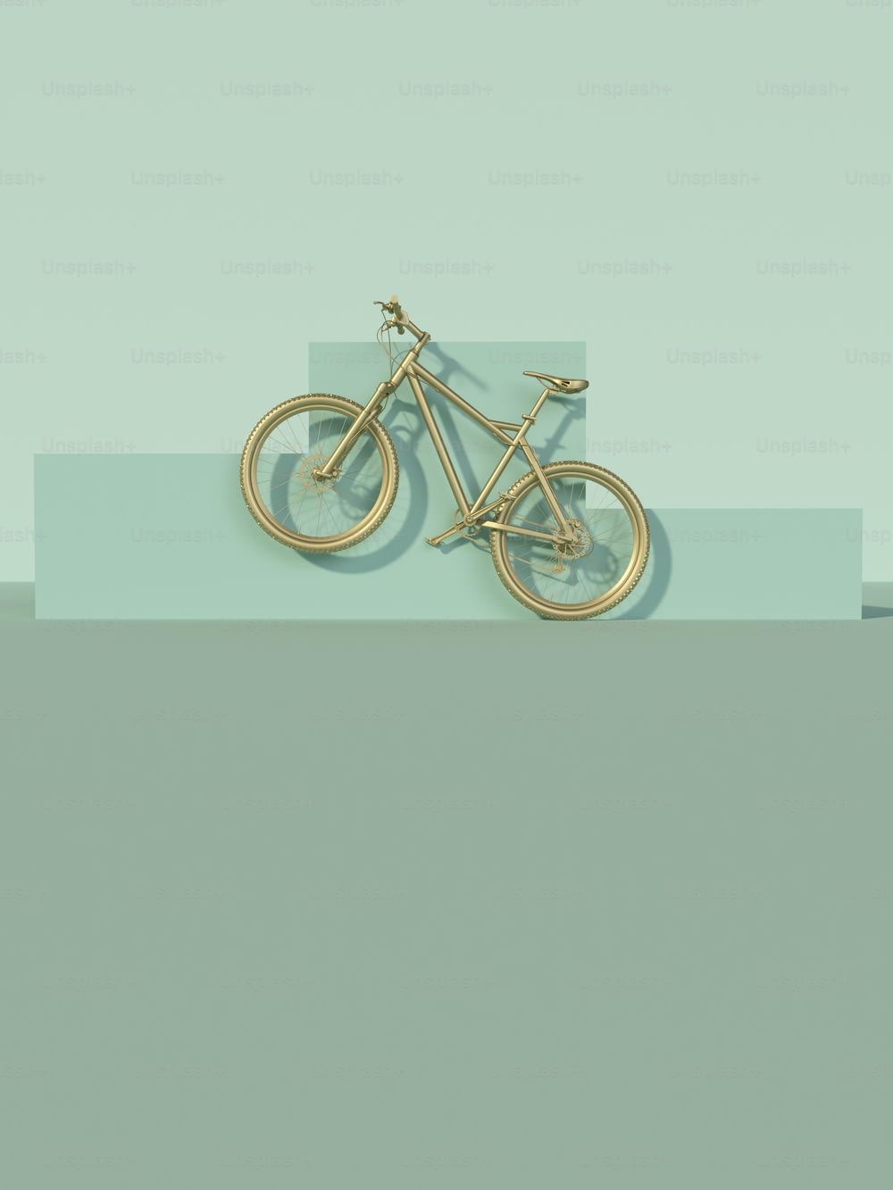 Un vélo doré est représenté sur un fond bleu et vert