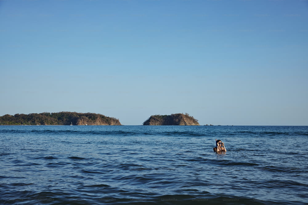 小さな島の近くの海で泳ぐ人