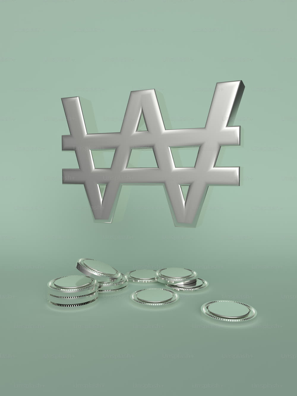 a 3d rendering of the word w and some coins