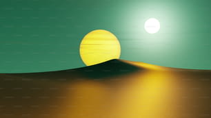 Un dipinto di un deserto con un sole sullo sfondo