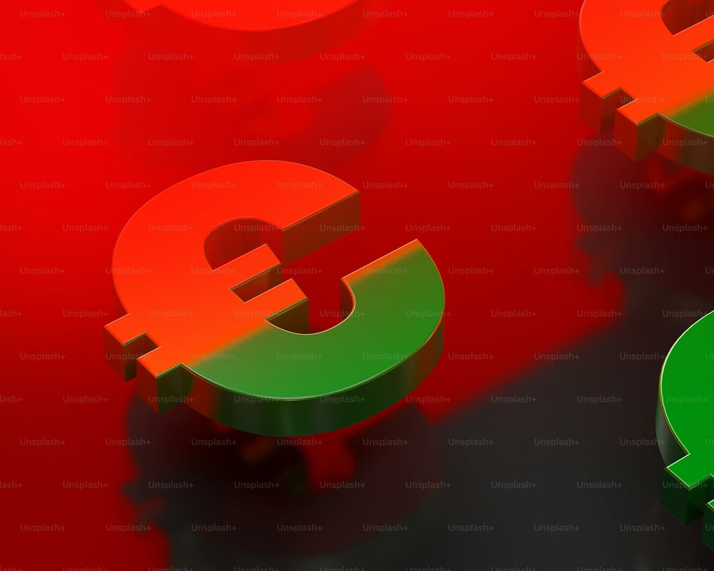 a red and green currency symbol on a red background