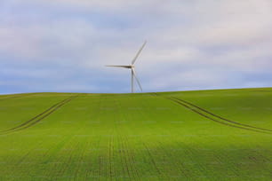 uma turbina eólica no topo de uma colina verde