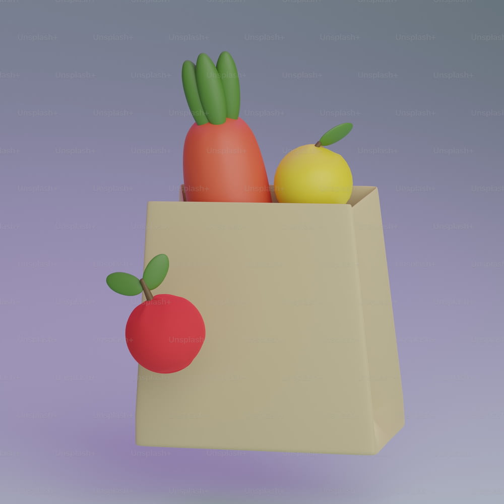 a paper bag filled with fruits and vegetables