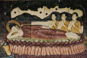 a painting of a woman laying on a bed