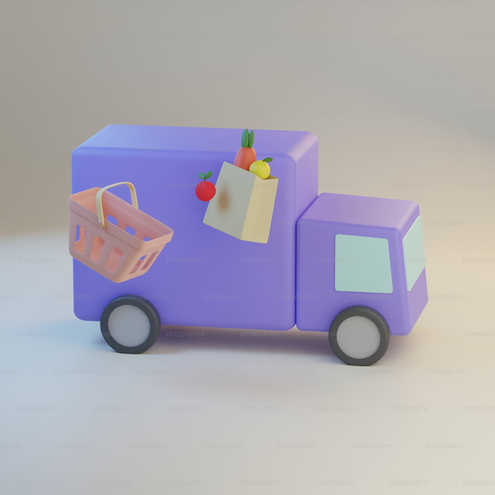 a toy truck with a shopping bag on the back of it