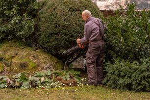 a man using a hedge trimmer in a garden
