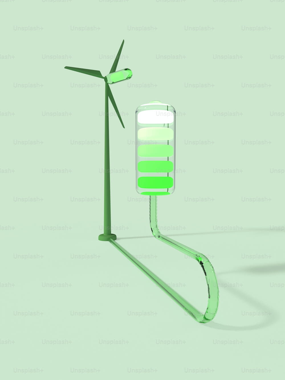 a wind turbine and a cell phone stand next to each other
