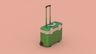 a green piece of luggage on a pink background