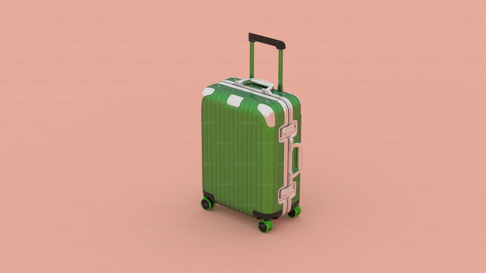 a green suitcase with wheels on a pink background