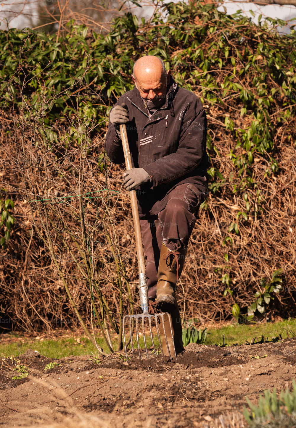 Un hombre está cavando en la tierra con una pala