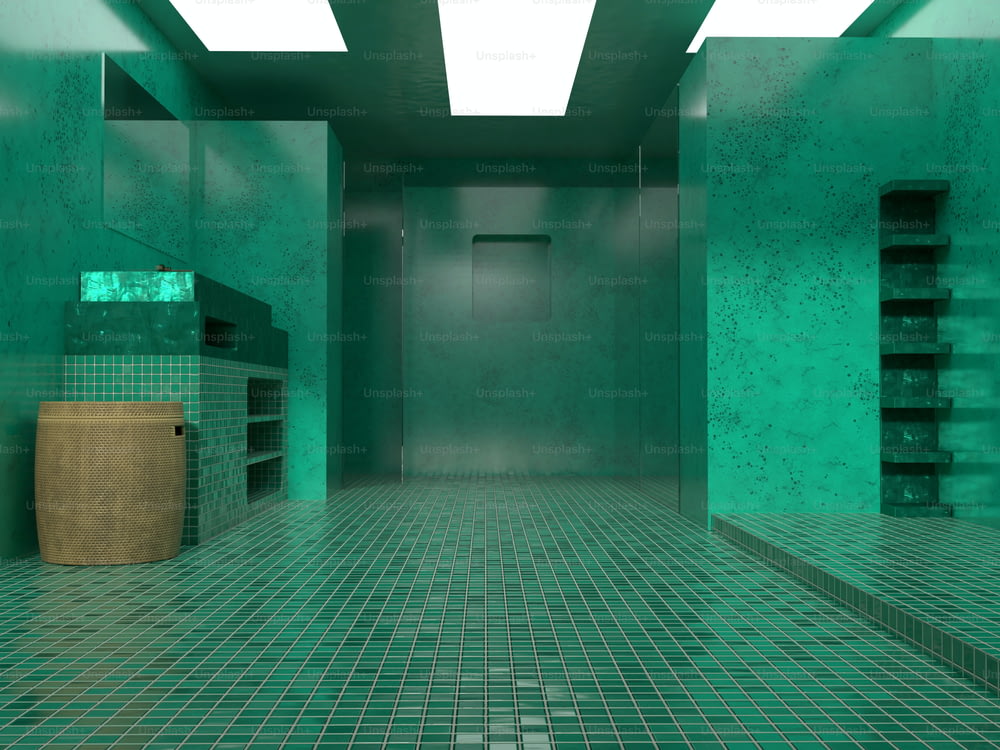 녹색 타일 바닥과 선반이있는 방