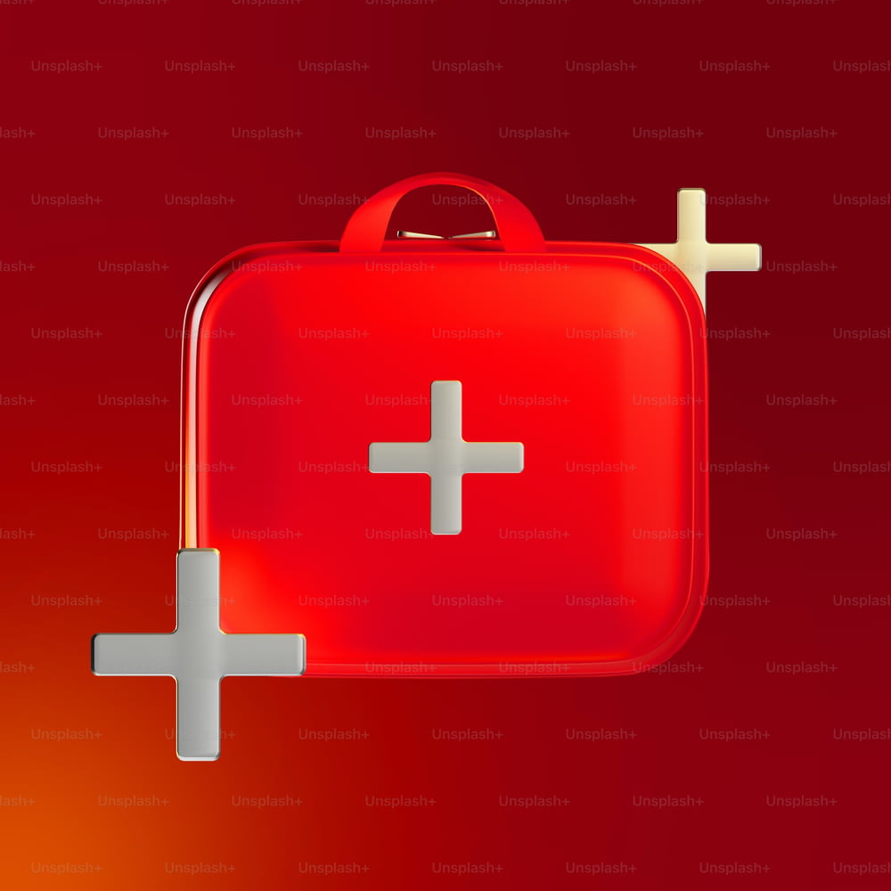 a red suitcase with a white cross on it
