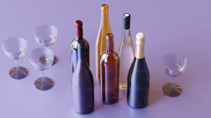 un gruppo di bottiglie di vino e bicchieri da vino