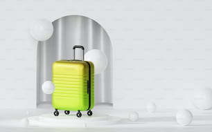 a yellow suitcase sitting on top of a white table